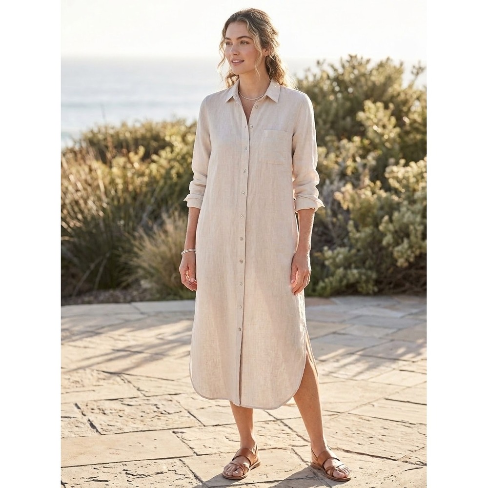 J.Jill Love Linen Essential Shirt Dress Beige Oatmeal 100% Linen Midi Small